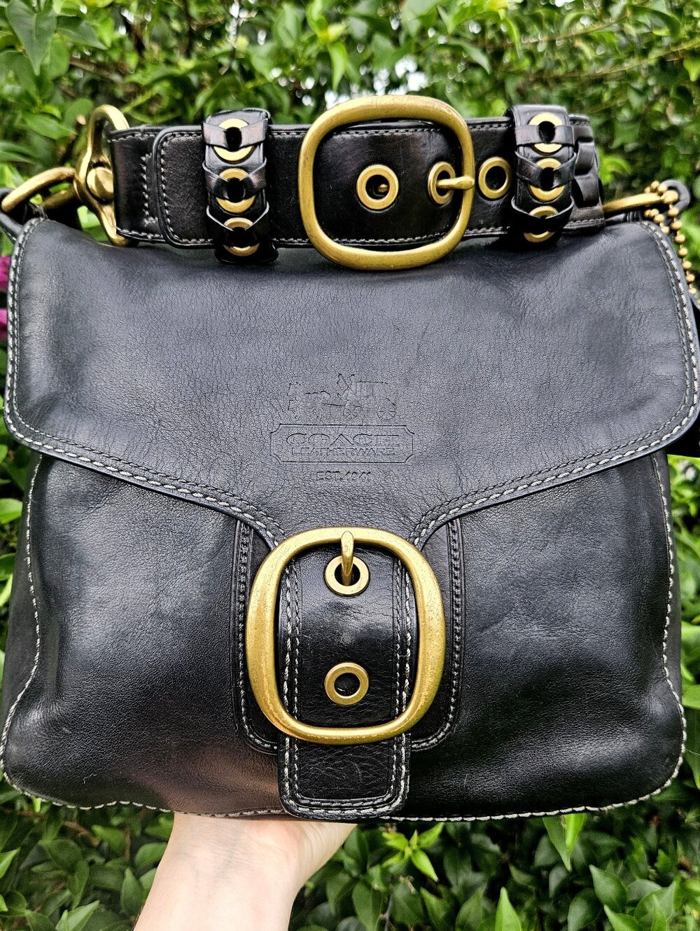 Coach Bleecker Large Flap 11419 Black Leather Brass Buckle Shoulder Bag Y2K